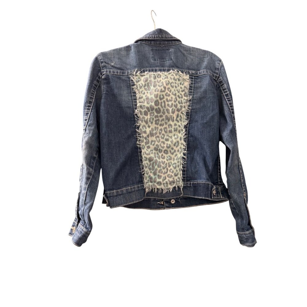 Distressed Denim Jacket With Leopard Print Back Patch Medium